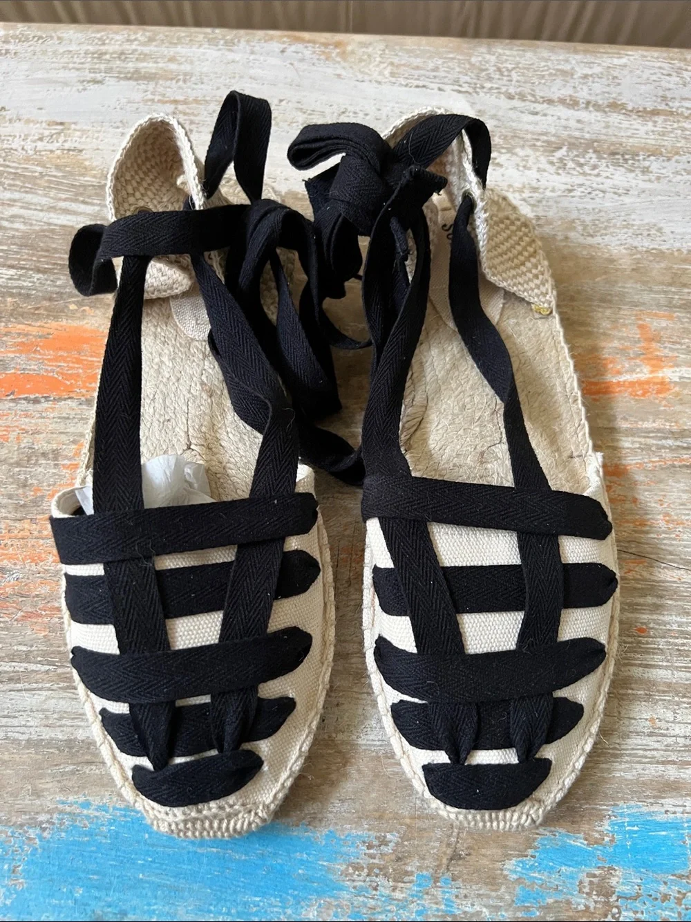 Soludos Black and Natural Lace-Up Espadrilles Size 10